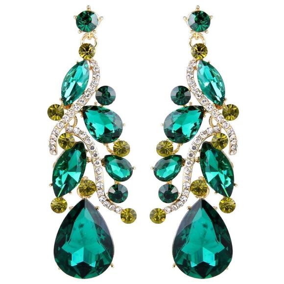 Yellow Gold with Emerald Green Austrian Crystal Teardrop Chandelier Earrings